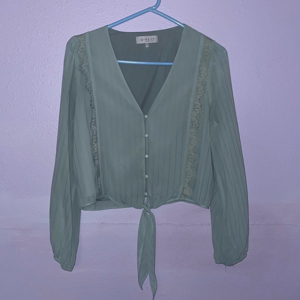 Wayf Teal Trim Knotted Long-Sleeved Blouse